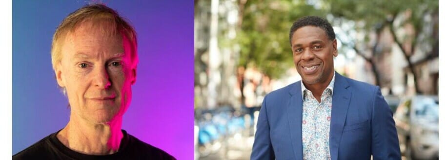 two headshots: John Schaefer in a black t-shirt against a blue/purple gradient background, and Terrance McKnight in a blue suit jacket in front of a tree-lined street